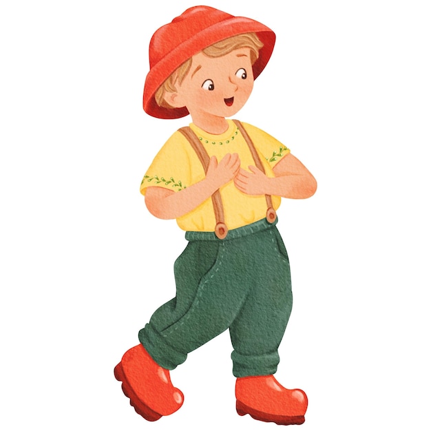 a surprised boy in a red panama hat and green pants looks down and rejoices isolated watercolor illustration is useful for child illustration textbook guide school book workbook notebook book