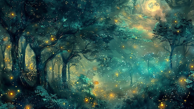 A surreal mural depicting a mystical forest at twilight where the boundary between reality and fantasy blurs amidst the glow of fireflies and twinkling stars
