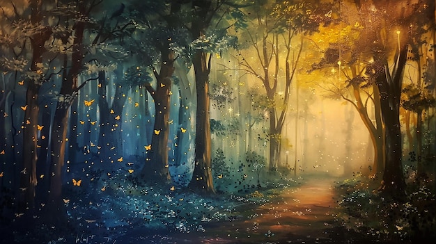 A surreal mural depicting a mystical forest at twilight where the boundary between reality and fantasy blurs amidst the glow of fireflies and twinkling stars