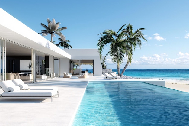 a swimming pool with a white building and palm trees