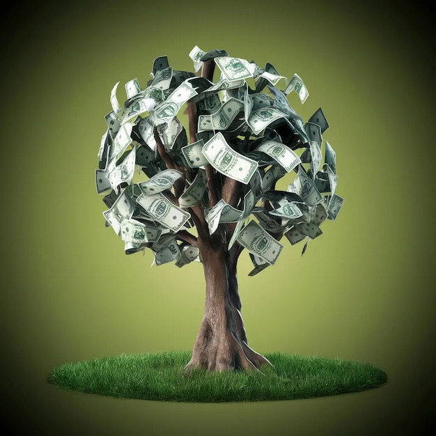 a tree with a money tree on it and the background is a tree with a dollar bill
