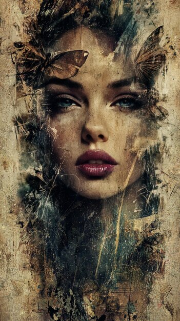 A vertical portrait with mixed media blending digital art and real textures to create a unique visual style
