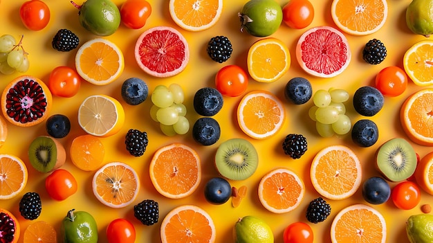 A vibrant flat lay of fresh fruits and berries