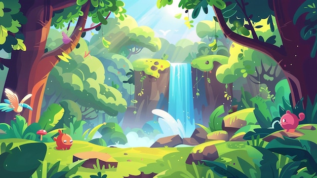 A vibrant vector cartoon forest with playful animals and a magical waterfall