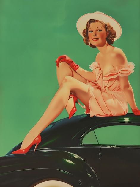 a vintage ad for a woman with a hat on the top of her head
