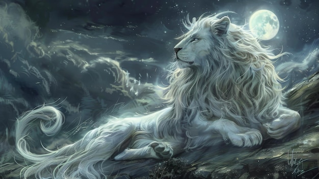 a white lion and a lion are laying on a hill