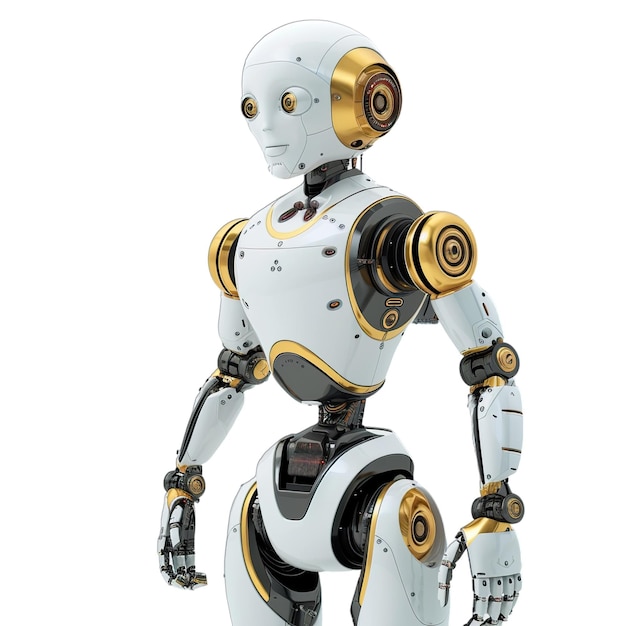 a white robot with gold and black accents stands in front of a white background