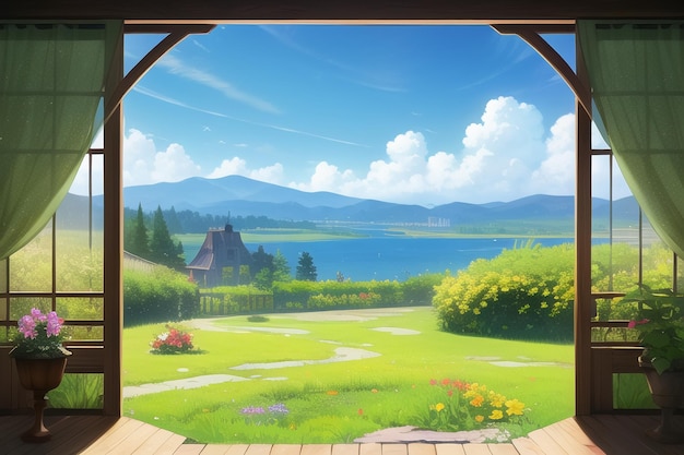 a window with a view of a mountain and a house in the background