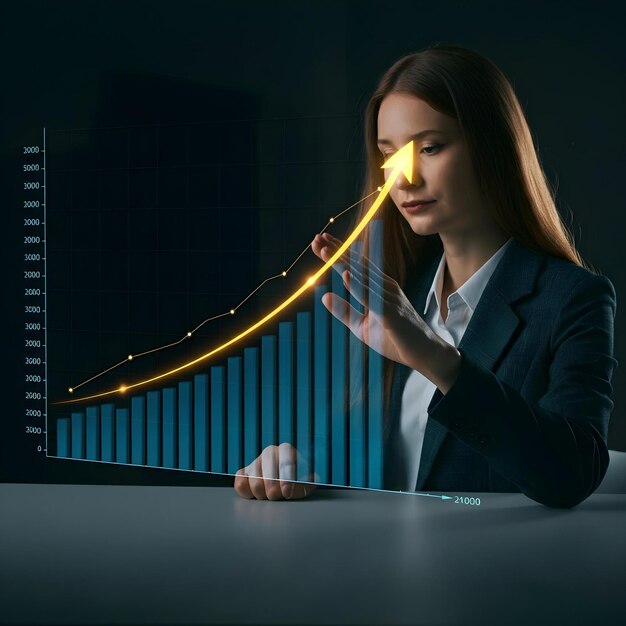 a woman is working on a computer with a graph behind her