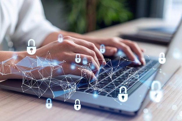 a woman programmer is typing a code on computer to protect a cyber security from hacker attacks and save clients confidential data padlock hologram icons over the typing hands formal wear