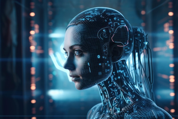 a woman with a robot face and the word robot on the left artificial intelligence ai high tech chat