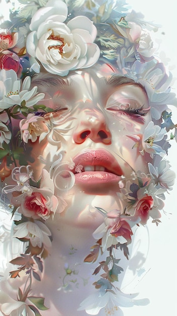 a woman with flowers on her face is surrounded by flowers