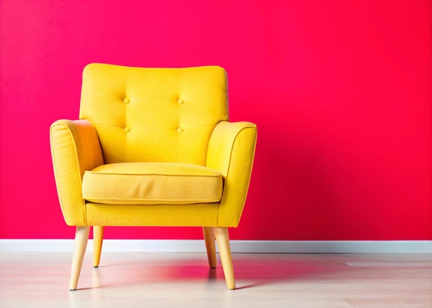 a yellow chair is against a pink wall with a red background