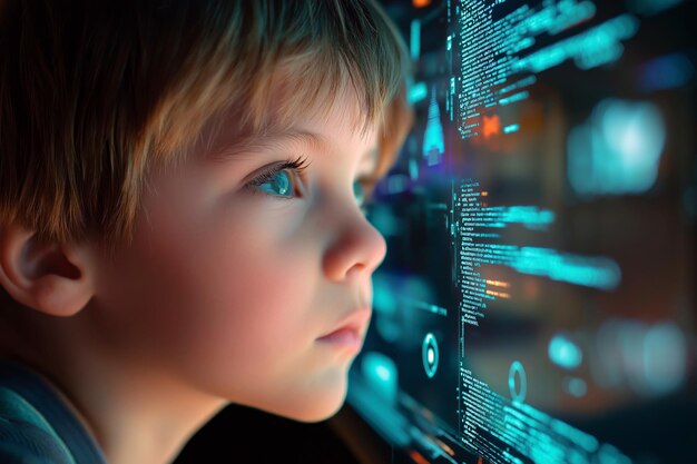 A young boy focused on coding on a desktop computer futuristic interface on the screen
