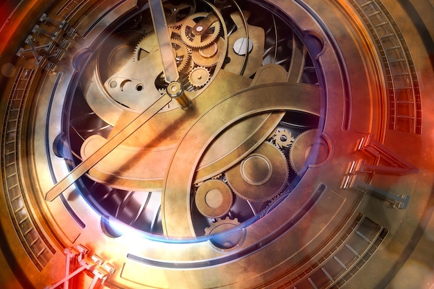 abstaract 3d rendering illustration of watches with gears. old looking metal with silver and glass elements. detailed structures. particles and glow elements.