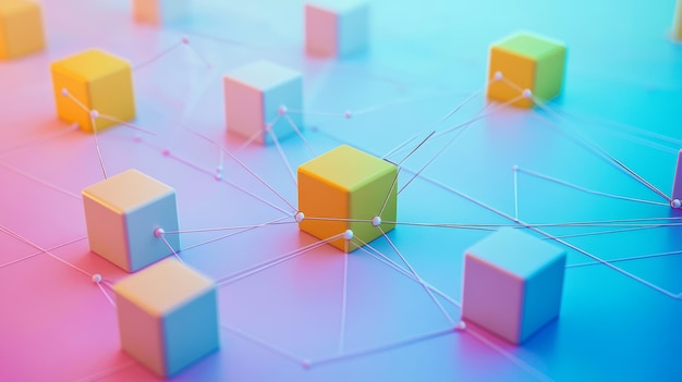 Abstract 3D rendering of colorful cubes connected by lines on a pink and blue gradient background