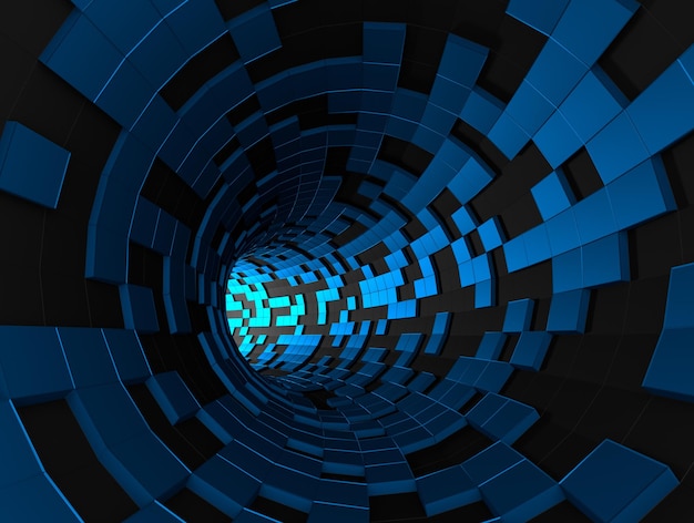abstract 3d rendering of futuristic tunnel. background with sci-fi pipe and chaotic cubes.