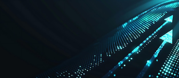 Abstract arrow chart with glowing blue dots on gradient black background Stylish