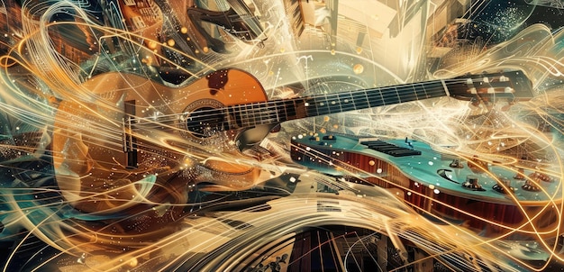 Abstract art of a guitar with glowing lines