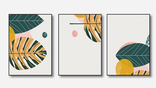 Abstract art watercolor painting trendy modern art triptych flowers texture goldAbstract painting