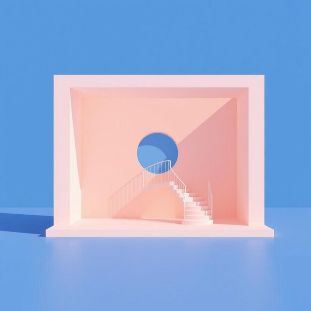 Abstract building space with round window and staircase on blue background 3D rendering AI generated