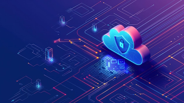 abstract cloud computing concept with a secure cloud symbol on a digital background