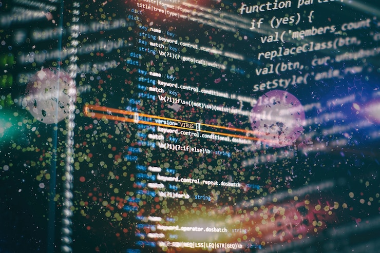 Foto abstract computer script code. programming code screen of software developer. software programming work time.