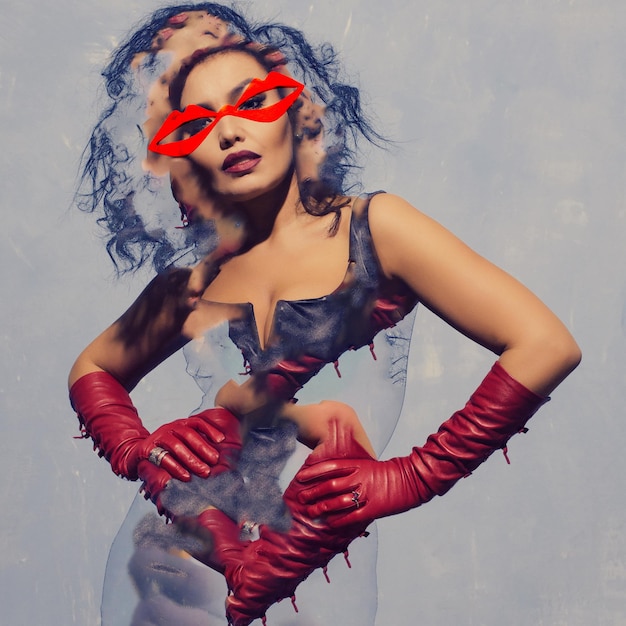 Abstract contemporary art collage luxurious Asian woman posing in black leather dress and red gloves with red glasses lips shape on face