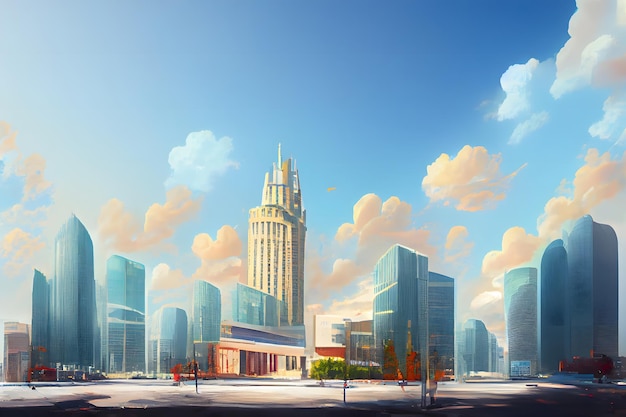 abstract contemporary western downtown cityscape at sunny morning with modern skyscrapers neural network generated art