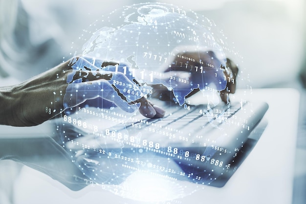 Abstract creative coding concept with world map and hands typing on laptop on background Multiexposure