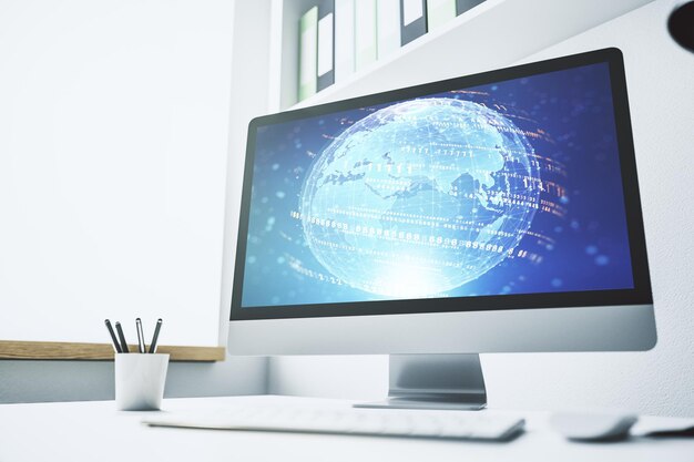 abstract creative coding concept with world map on modern laptop screen 3d rendering