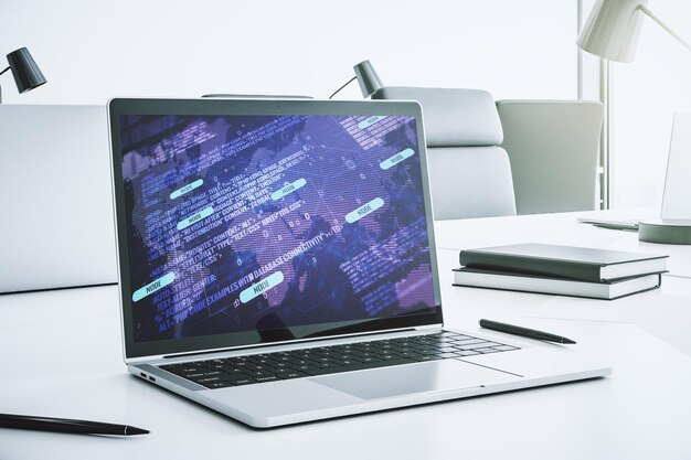 Abstract creative coding concept with world map on modern laptop screen 3D Rendering
