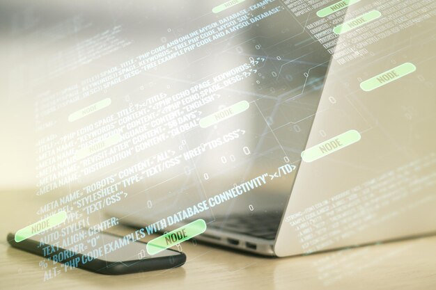Abstract creative coding illustration on modern computer background software development concept Multiexposure