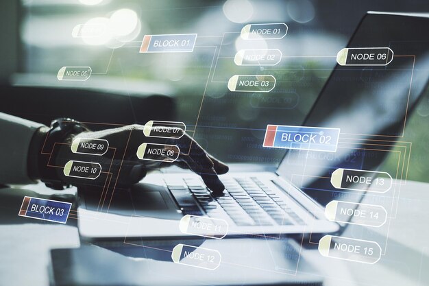 Abstract creative coding illustration with hands typing on laptop on background software development concept Multiexposure