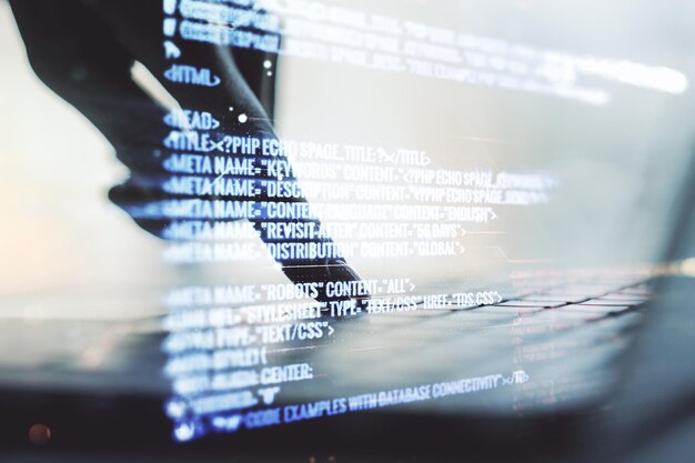 Abstract creative coding illustration with hands typing on laptop on background software development concept Multiexposure