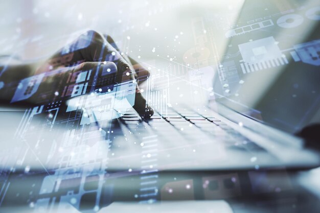 Abstract creative coding illustration with hands typing on laptop on background software development concept Multiexposure