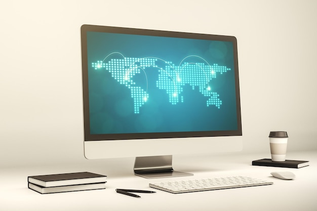Abstract creative world map with connections on modern laptop screen international trading concept 3D Rendering