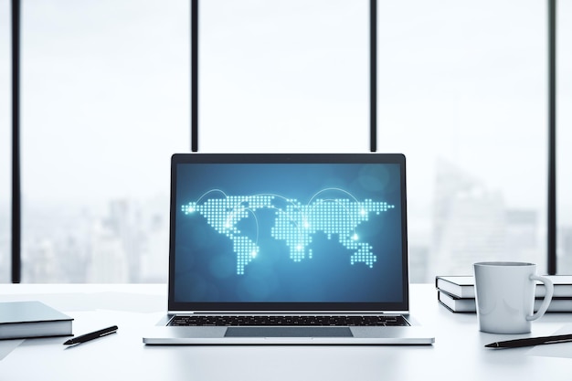 Abstract creative world map with connections on modern laptop screen international trading concept 3D Rendering