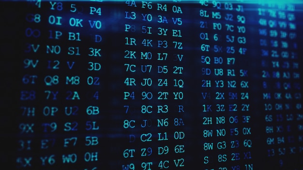 Abstract digital background. Machine code. Hexadecimal code. Random digits and letters colored 3d illustration.