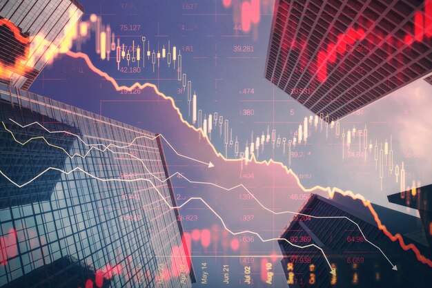 Abstract downward red forex chart on blurry city texture Crisis recession and economic fall concept Double exposure