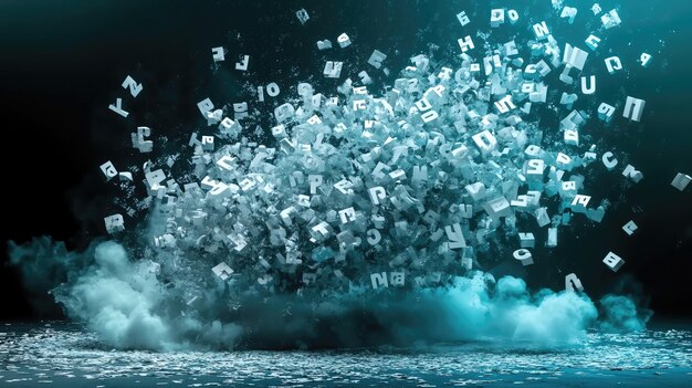 Abstract explosion of floating letters in a smoky teal atmosphere symbolizing creativity communication and the power of language