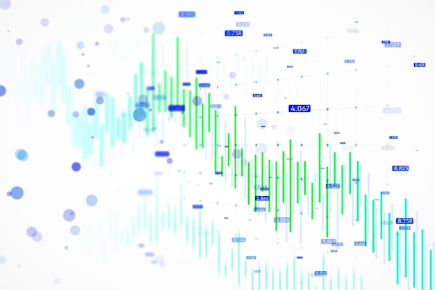 Abstract financial stock market graph with green and blue candlesticks on white background featuring futuristic design concept 3D Rendering