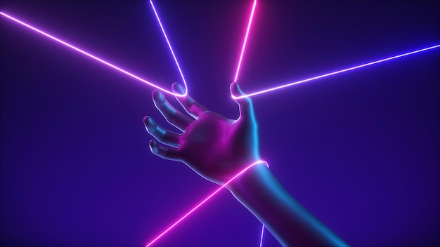 abstract futuristic virtual game concept artificial hand holds colorful violet pink string