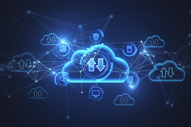 Abstract glowing blue cloud computing hologram with downloadupload arrows on blurry background Database technology and future concept 3D Rendering