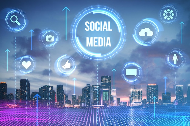 Abstract glowing social media hologram on blurry night city background Likes shares and network concept Double exposure