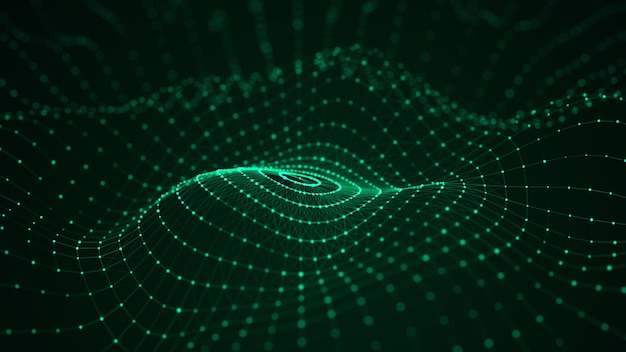 Abstract green futuristic background Big data visualization Digital dynamic wave of particles 3D rendering