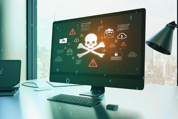 abstract hacker skull hologram on computer monitor blurry window with city view background hacking malware and phishing concept 3d rendering