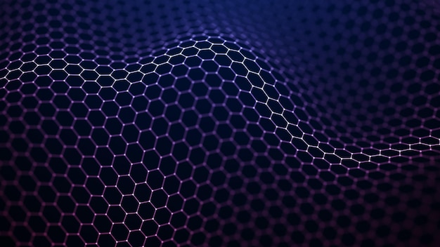 Abstract hexagon wave with moving dots Flow of particles Cyber technology illustration 3d rendering