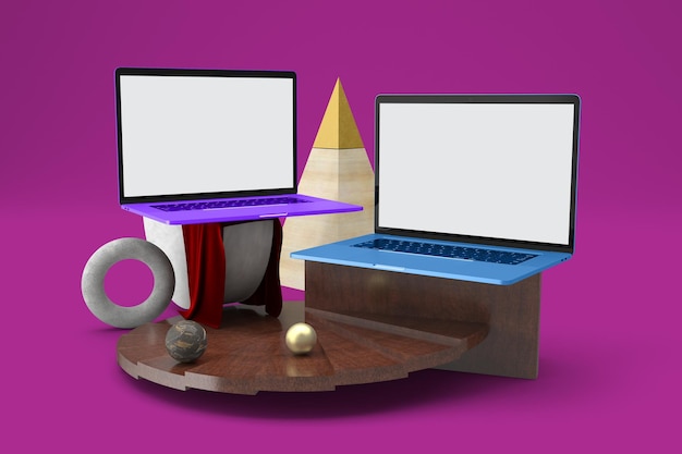 Abstract Laptops Perspective Side In Pink Background