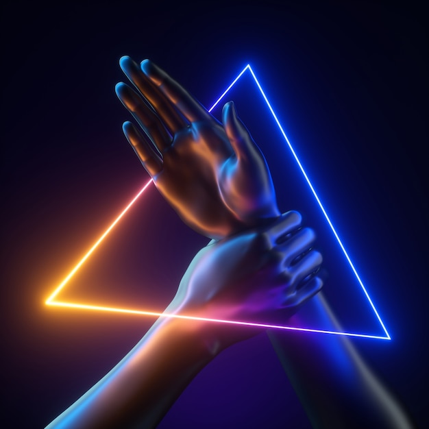 abstract modern minimal concept, mannequin hands inside glowing triangular frame